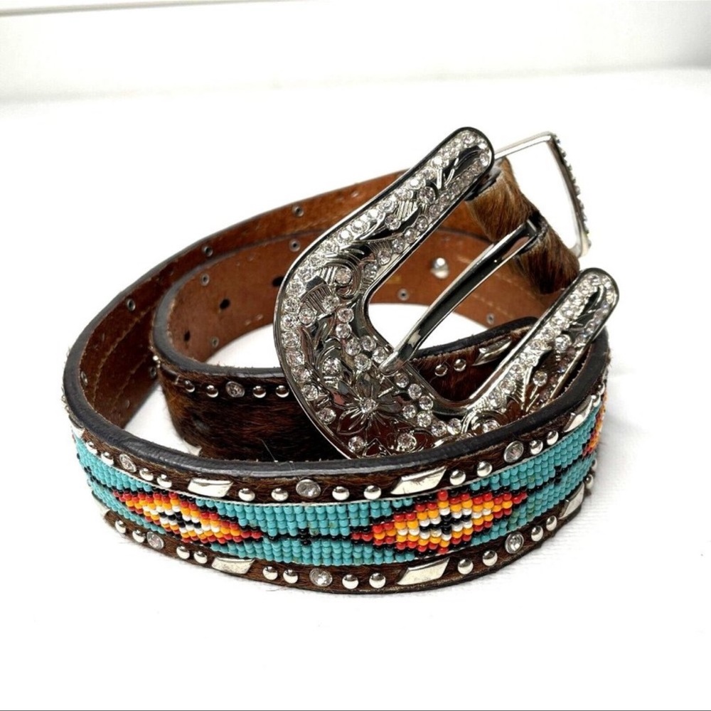 Ariat Southwest Brown Leather Western Cowgirl Bling Buckle Belt Beads